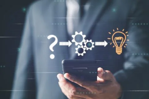 Businessman smartphone in hand, problem solving process icon, business solu.. Stock Photos