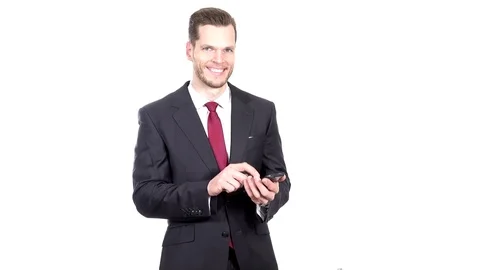 Businessman sms texting or using social media on cell phone with white Stock Footage 84010546