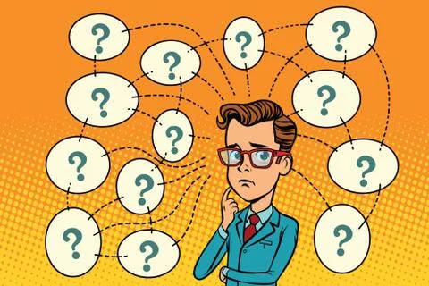 Businessman solves the problem, questions and reflections Stock Illustration