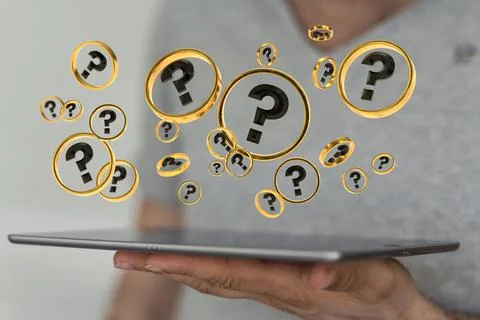 Businessman solving a problem with 3D rendering digital question marks over Stock Photos