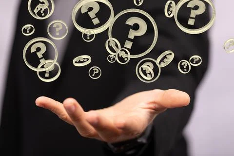 Businessman solving a problem with 3D rendering digital question marks Stock Photos