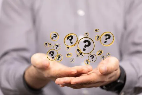 Businessman solving a problem with 3D rendering digital question marks Stock Photos