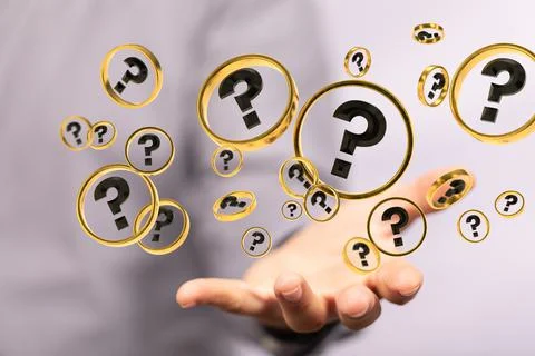 Businessman solving problem with digital question marks 3D rendering Stock Photos