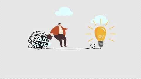 Businessman Solving Problems: Path from Tangled Mess to Bright Idea Lightbulb Stock Footage 344534396