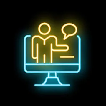 Businessman speaking on computer screen neon sign on black background Stock Illustration