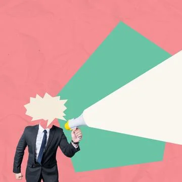 Businessman with speech bubble head making the announcement through megapho.. Stock Photos