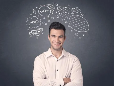 Businessman with speech bubbles Foto stock