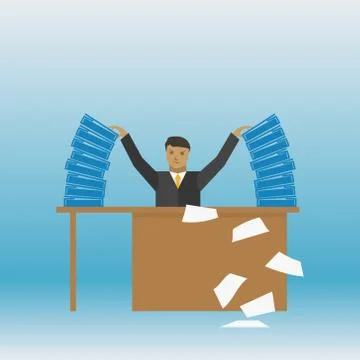 Businessman with a stack of documents on his table vector illustration Stock Illustration