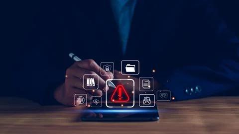 Businessman staff, programmer, developer using technology with triangle cauti Stock Photos