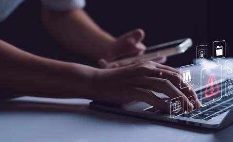 Businessman staff, programmer, developer using technology with triangle cauti Stock Photos