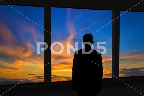 The businessman stand near the panoramic window Stock Photos