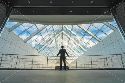 The businessman stand on the office hall Stock Photos