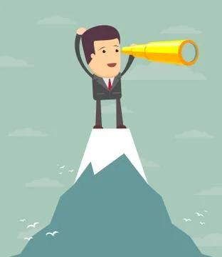 Businessman stand on top of mountain using telescope Stock Illustration