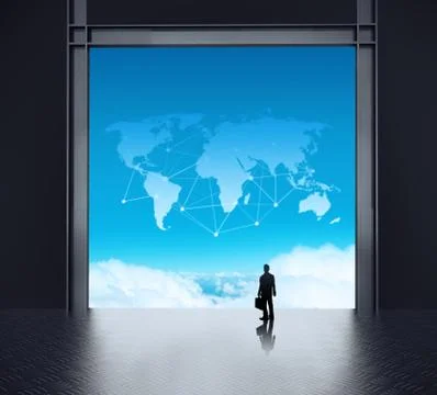 Businessman standing at 3d network server room and social network diagram on  Stock Illustration