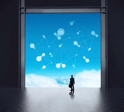 Businessman standing at 3d network server room and social network diagram on  Stock Illustration