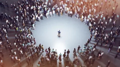 Businessman standing alone in the middle of a crowd of people forming a circle Stock Illustration