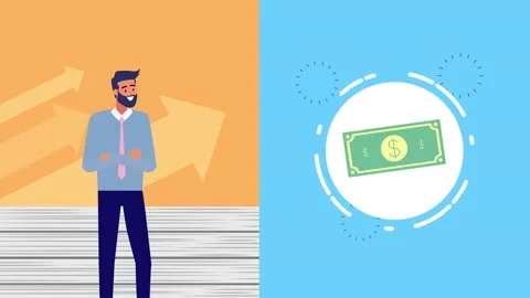 Businessman standing by an animated chart with cycle of idea and dollar bil.. Stock Footage 339056431