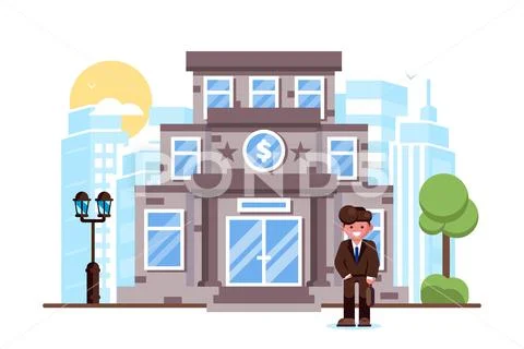 Businessman standing bank building facade exterior Stock Illustration