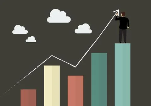Businessman standing on bar graph drawing a growth chart Stock Illustration