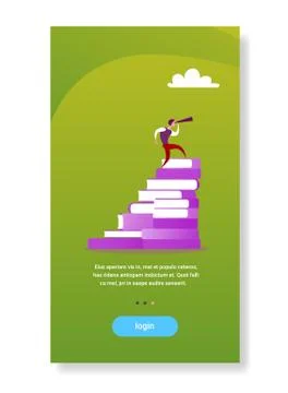 Businessman standing book stack looking binocular future vision concept flat Stock Illustration