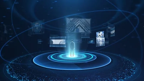 Businessman standing in circle with virtual cursor and photo Stock Footage 254064818