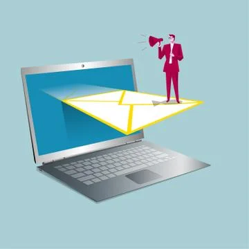 Businessman standing on computer and envelope speech. Stock Illustration