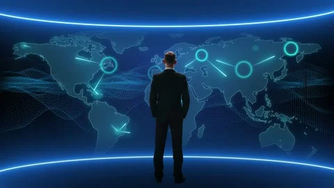 Businessman is standing in front of digital screen with Earth, business cities Stock Footage 220120980