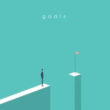 Businessman standing in front of gap looking at flag. Business concept of goals Illustrazione stock