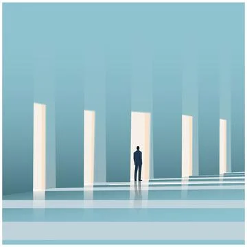 A businessman standing in front of several closed doorways. Stock Illustration