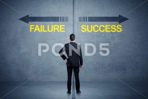 Businessman standing in front of success and failure arrow concept Stock Photos