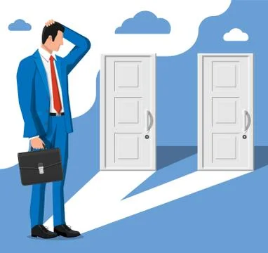 Businessman standing in front of two closed doors. Stock Illustration