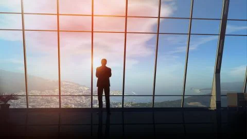 A businessman is standing in front of a window overlooking a coastal town. Stock Illustration