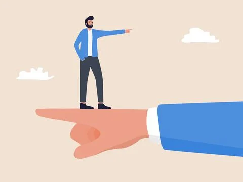Businessman Standing on Giant Hand, Pointing in Opposite Directions Stock Illustration