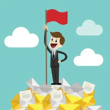 Businessman standing on a huge tower stack of messages or emails and handing red Stock Illustration