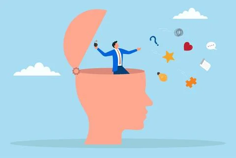 A businessman standing inside an open head and trying clear Stock Illustration
