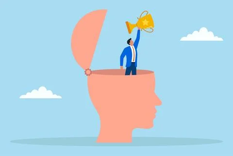 A businessman standing inside an open human head while holding golden trophy Stock Illustration