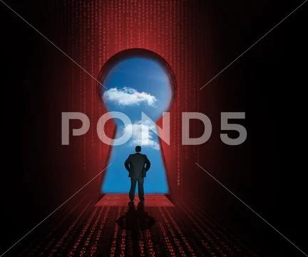Businessman standing at the keyhole door showing cloudy sky Stock Photos
