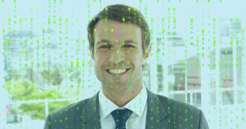 Businessman standing lobby when binary code streams cascading on suit showing Stock Footage 318237699