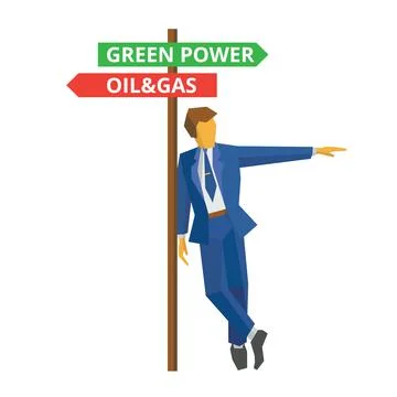 Businessman standing near pointer with text about oil, gas and renewable power. Stockillustratie