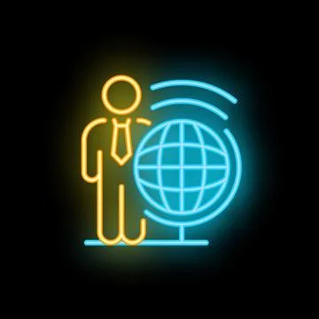 Businessman standing next to a connected globe neon sign Stock Illustration