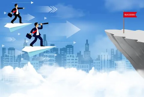 Businessman standing on a paper airplane floating in the sky go to flag red o Stock Illustration