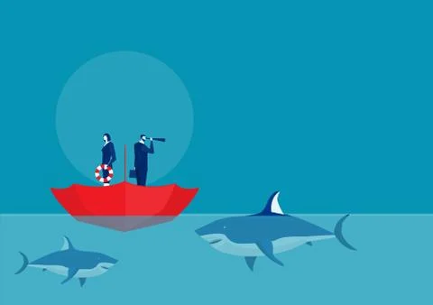 Businessman standing In The Up Side Down Open Umbrella with  team surrounded  Stock Illustration