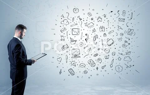 Businessman standing in social media concept and Stock Photos