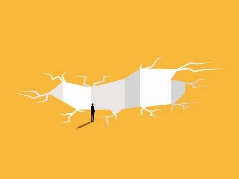 Businessman standing solving the problem of the earth cracking into a hole Illustrazione stock