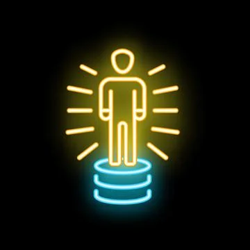Businessman standing on a stack of coins with bright light rays neon sign Illustrazione stock