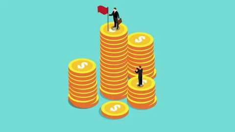 Businessman standing on stack of coins with a red flag Stock Footage 237062287