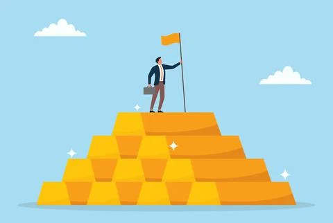 A businessman standing on a stack of gold bars holding flag Stock Illustration