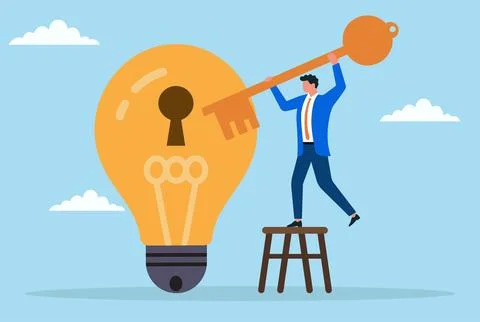A businessman standing on a stool using a big key to unlock light bulb Stock Illustration