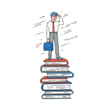 Businessman standing on top of book stack and looking at horizon Stock Illustration