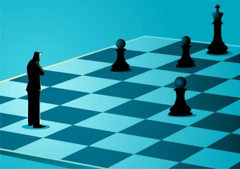 Businessman standing while thinking on chessboard Stock Illustration